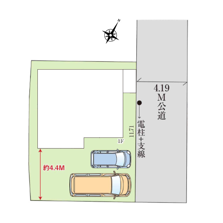 富士見市大字水子の新築一戸建の区画図|カースペース並列2台可！
奥行約4.4mのお庭も魅力的です。