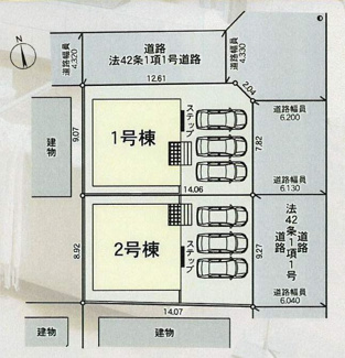 【区画図】 | 秦野市堀西  1号棟 第23 | 1号棟　北東角地　東側約6.0ｍ～約6.2ｍ・北側約4.3ｍ各公道　駐車並列3台（車種によります）　敷地面積38.7坪