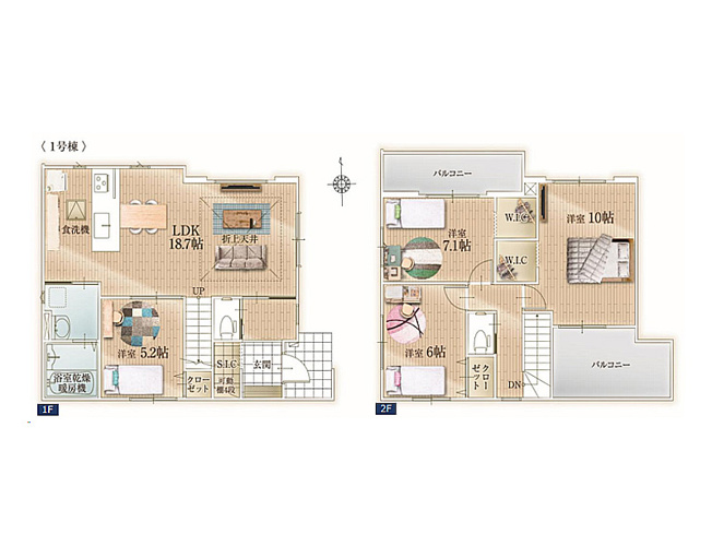 【間取り】 | 川越市田町　新築一戸建住宅　全1棟　(ふじみ野店) | ウォークインクローゼットを2か所に設置し収納便利な暮らしに。
リビングの折上天井や二面バルコニーが住まいに開放感を演出します。