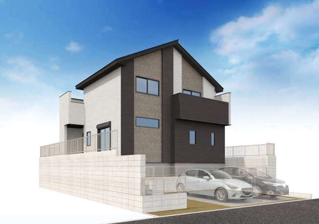 【外観パース】 | 川越市田町　新築一戸建住宅　全1棟　(ふじみ野店) | 広々としたバルコニーで開放感を感じられます。
駅や市街地が近く暮らしやすい立地です。
