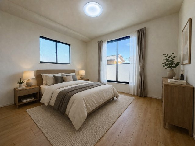 三郷市番匠免1丁目　新築戸建　全5棟　D号棟の居間・リビング|南東向きに窓がひろがり明るく開放的なリビングです