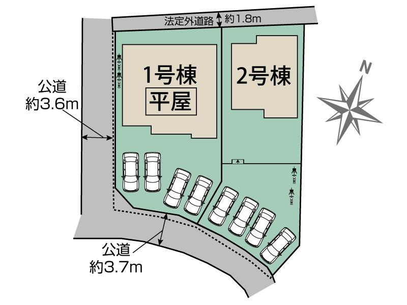 新築　太田市鳥山中町　Blooming　Garden　2号棟の区画図|2号棟　区画図　南側接道幅員約3.7ｍ
	
