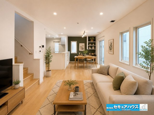 【今から見学可能です！！】豊明市二村台7丁目　中古戸建の居間・リビング|【リビング家具配置イメージ図】
◆21.2帖のリビングはお子様も走り回れる広さで、快適な家族の団欒空間にします♪
◆アクセントクロスによりお洒落に仕上げ、備え付けのカウンターでは宿題や作業ができます。