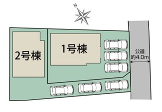 【区画図】 | 秦野市弥生町 1号棟 | 1号棟　南東側4m道路　カースペース３台（車種による）