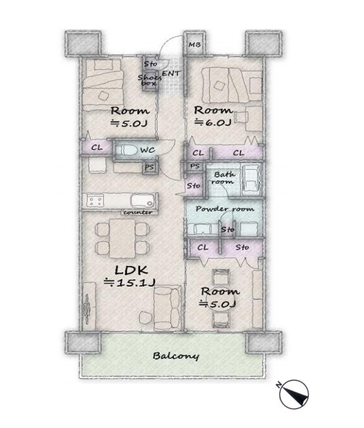 イニシア大宮日進の間取り|イニシア大宮日進、3LDK、専有面積70.06m2、バルコニー面積11.16m2