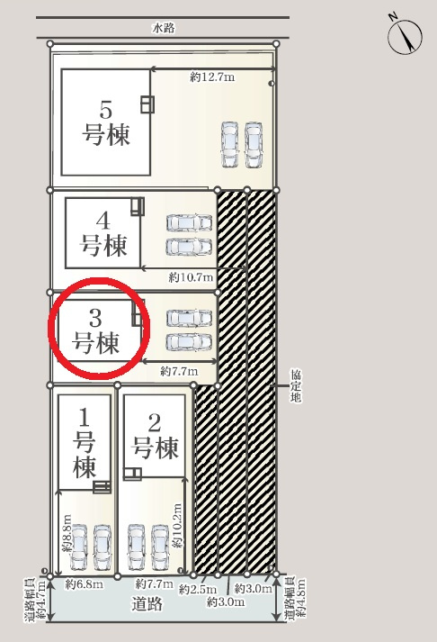 西尾市一色町松木島第7　新築分譲住宅　全5棟　3号棟の区画図