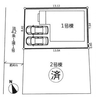 【区画図】 | 秦野市春日町  1号棟 | 1号棟　北西側約4ｍ公道　駐車並列2台（車種によります）　敷地面積34.0坪