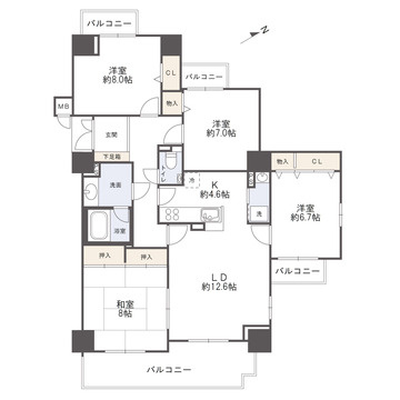サーパス牛田天水苑の間取り|全室6帖以上、110㎡の大空間！全室バルコニーがある角住戸で陽当たり風通しのよい一邸です。
