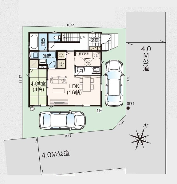 狭山市水野・全1棟　新築一戸建　～東南角地～の区画図|駐車2台可、日当たり・通風良好な東南角地です。