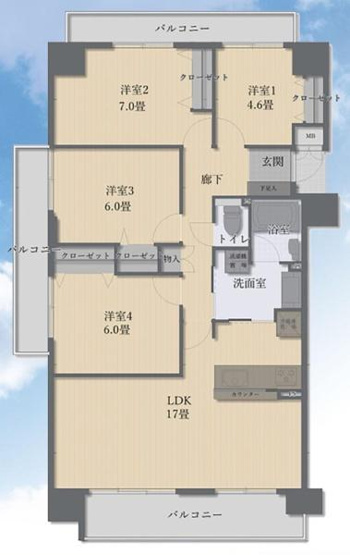 【間取り】 | ソワール新檜尾台５号棟 | 専有面積:90.13平米　バルコニー面積:21.46平米　間取り:4LDK！