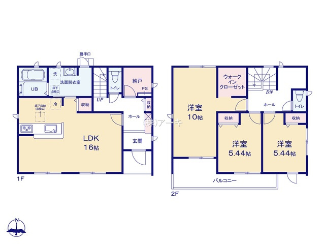 碧南市志貴町三丁目113番1『仲介手数料無料』新築戸建ての間取り|　1号棟　1F:LDK16帖！キッチン収納♪ワークスペース・収納にも使えるストレージルーム♪ホール収納！2F:主寝室10帖　WIC設置！洋室5.44帖・洋室5.44帖　CL設置♪南面ワイドバルコニー♪