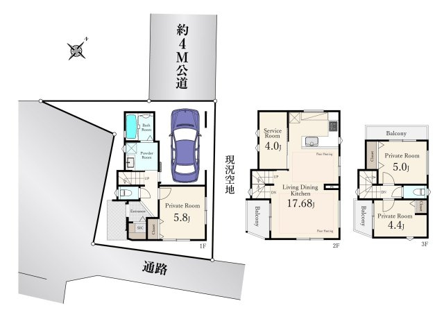 練馬区北町6丁目 限定1棟の間取り|3LDK+S、土地面積61.58㎡、建物面積99.61㎡ 、3面バルコニー、SIC、ビルトインガレージ付
リビング横にはキッズコーナーやテレワークルームとしてもお使いいただけるフリールームを完備