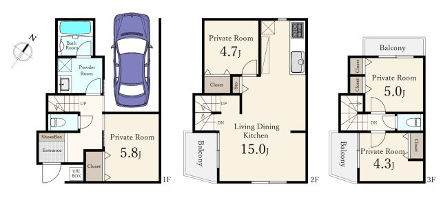 練馬区北町6丁目 限定1区画の参考プラン|建物参考プラン
土地面積 約61.60㎡　建物面積 約98.89㎡(車庫面積 約8.77㎡含む)
建物参考価格2680円
3階建　4LDK　3面バルコニー　ビルトインガレージ付