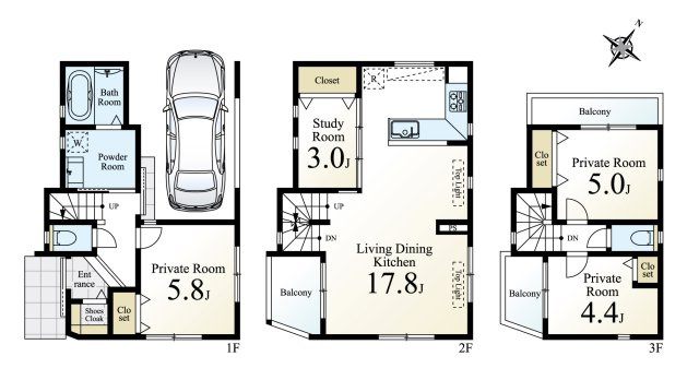 練馬区北町6丁目 限定1区画の参考プラン|建物参考プラン
土地面積 約61.60㎡　建物面積 約98.89㎡(車庫面積 約8.77㎡含む)
建物参考価格2680円
3階建　4LDK　3面バルコニー　ビルトインガレージ付