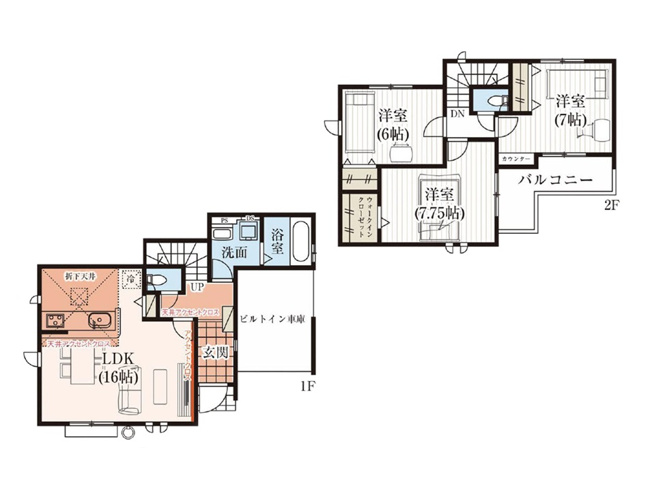 【間取り】 | 朝霞市膝折町3丁目　新築一戸建住宅　全8棟　(志木本店) | リビングを通らずに洗面脱衣所に出入りできるので来客時でも家族間のプライバシーが守れます。
主寝室にはWICがあるので衣類やシーズン物もたっぷり保管できます。