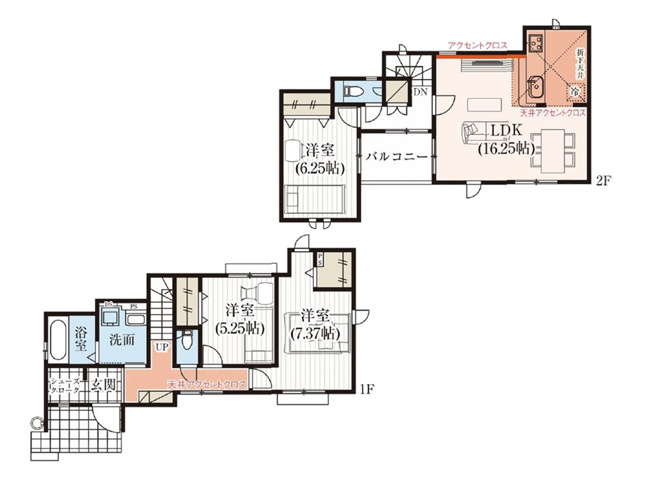 【間取り】 | 朝霞市膝折町3丁目　新築一戸建住宅　全8棟　(志木本店) | 陽射しをたっぷり感じる2階リビング。
ホールからバルコニーに出られるので家事動線も良好です。