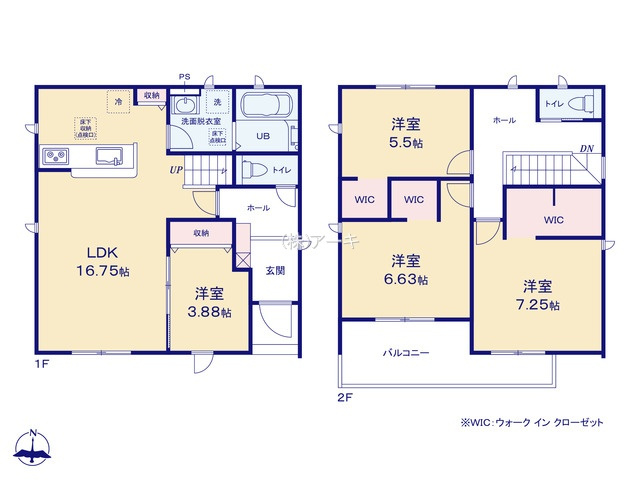 碧南市志貴町三丁目113番1『仲介手数料無料』新築一戸建て・建売の間取り|　2号棟　1F:LDK16.75帖に隣接する洋室3.88帖はお子様の遊び場・奥様の家事室に便利！キッチン収納♪2F:主寝室7.25帖・洋室6.63帖・洋室5.5帖　WIC設置！南面ワイドバルコニー♪