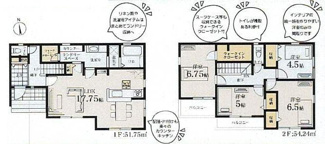 【間取り】 | 茅ヶ崎市松林2丁目  1号棟 第2 | 4LDK　都市ガス　南向きバルコニー2箇所　1階掃き出し窓シャッター付　浴室乾燥機+窓　全居室収納（WIC1箇所）　LDK17.7帖