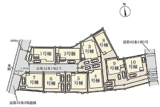 【区画図】 | 茅ヶ崎市松林2丁目  1号棟 第2 | 1号棟　角地　南側約4.2ｍ開発道路（私道・持分有）・西側約4ｍ公道　駐車2台（車種によります）　敷地面積34.8坪