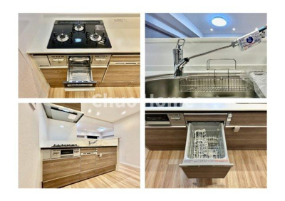 【キッチン】 | ヴィルヌーブ入谷 | 【システムキッチン】ワイドで収納豊富な使い勝手の良いカウンターキッチンには、食洗器や伸縮タイプのキッチン水栓、三ツ口コンロ・魚焼きグリルなどの便利な設備が標準完備されています。