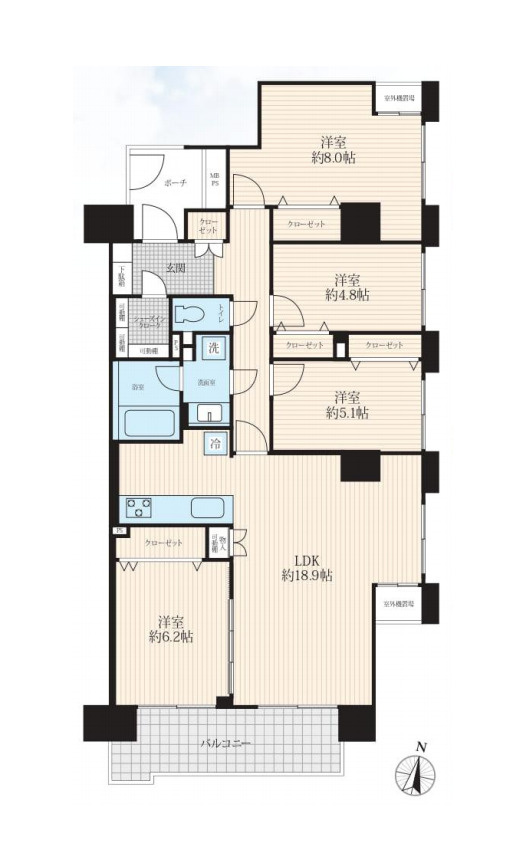ライオンズヴィアーレ大宮の間取り|ライオンズヴィアーレ大宮、4LDK、専有面積96.72m2、バルコニー面積9.09m2、専用ポーチ面積3.32ｍ2
