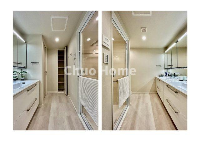 シティタワーズ豊洲ザ・ツイン サウスタワーの脱衣所|【洗面所】明るい洗面所は朝をすっきりさせてくれる空間です。バタバタしている忙しい朝でも収納が多い洗面台では短い時間で効率良く支度ができます。