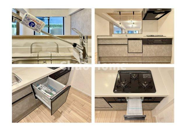 クレストコート金町のキッチン|【システムキッチン】ワイドで収納豊富な使い勝手の良いカウンターキッチンには、食洗器や伸縮タイプのキッチン水栓、三ツ口コンロ・魚焼きグリルなどの便利な設備が標準完備されています。