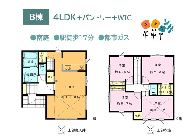 【間取り】 | キッチンに「パントリー」、主寝室に「WIC」を併設！
南側の庭スペースは家庭菜園やガーデニングなど様々な用途としても利用可能。