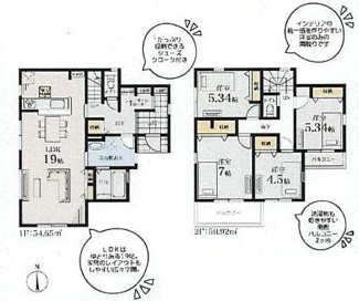 【間取り】 | 茅ヶ崎市松林2丁目  9号棟 第2 | 4LDK　都市ガス　南向きバルコニー2箇所　1階掃き出し窓シャッター付　浴室乾燥機+窓　全居室収納　LDK19帖