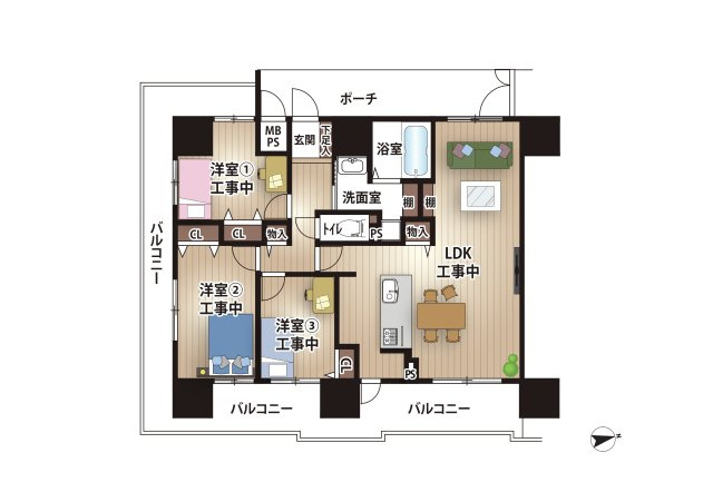 【間取り】 | パルシオ福島 | 只今　改装中！(2026年２月下旬完了予定)
南・東・西の三方角部屋！
