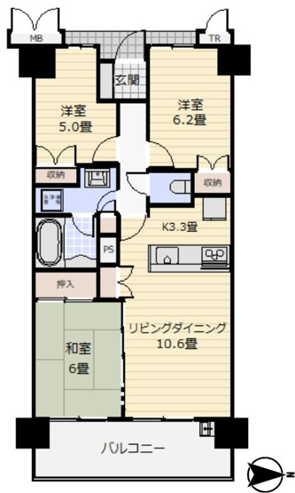 【間取り】 | 森都OSAKAウエストヴィル | 中古マンション　3LDK　専有面積：68.37平米　バルコニー面積：11.40平米　東向き