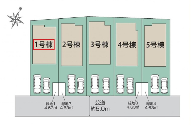 東久留米市小山5丁目・全5棟　新築一戸建　1号棟の区画図|【全5棟・1号棟】
並列駐車2台可(車種制限あり)、南道路に面し日当たり良好です。