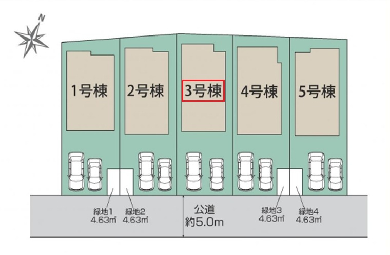 東久留米市小山5丁目・全5棟　新築一戸建　3号棟の区画図|【全5棟・3号棟】
並列駐車2台可(車種制限あり)、南道路に面し日当たり良好です。