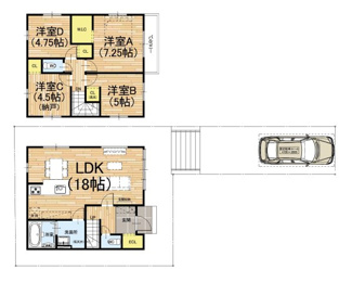 【間取り】 | 伏見区深草大亀谷万帖敷町　3区画　新築分譲地 | ①号地《土地面積：116.71㎡　建物面積：91.91㎡　価格：3498万》