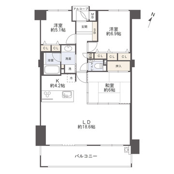 アルファステイツ翠の間取り|専有面積86㎡超の、ゆったりとした3LDKです。南東向きのため、陽当り通風とも良好です。