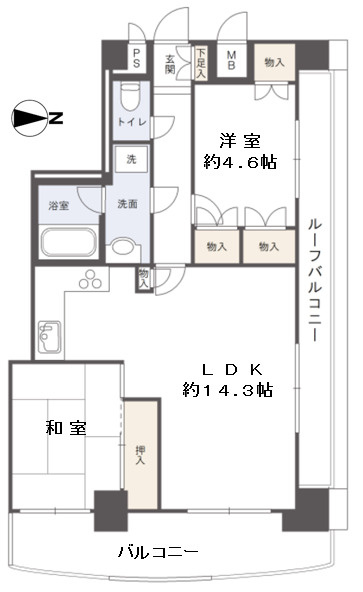 ライオンズマンション京橋川の間取り|２LDKの間取りです。バルコニーはリバーサイドの東側と、北側の2面あります。