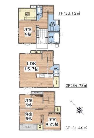 福岡市西区小戸1丁目第4-4棟（3号棟）の間取り|全居室収納付きで便利です。