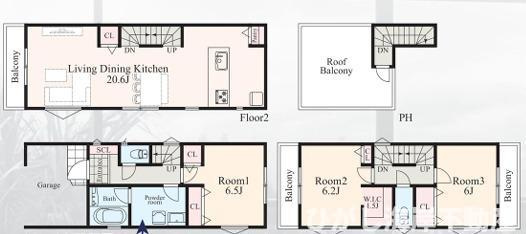 茅ヶ崎市柳島海岸　新築戸建　全６棟の間取り|ルーフバルコニー付　３LDK