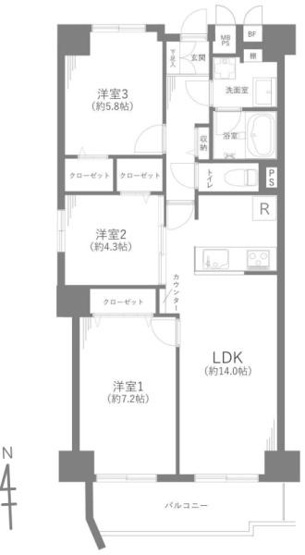 【間取り】 | 多摩川ハウス | 販売価格：５，０９０万円　間取り：３ＬＤＫ
