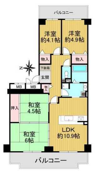 【間取り】 | コスモ北野田 | 専有面積:70.69平米　バルコニー面積:17.22平米　間取り:4LDK