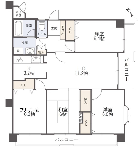 ヴェルディ中山の間取り|全室6帖以上の角住戸。リビングが中心となる動線で視覚的な広がりがあり、家族が集まりやすい間取りです。