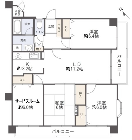 ヴェルディ中山の間取り|全室6帖以上の角住戸。リビングが中心となる動線で視覚的な広がりがあり、家族が集まりやすい間取りです。