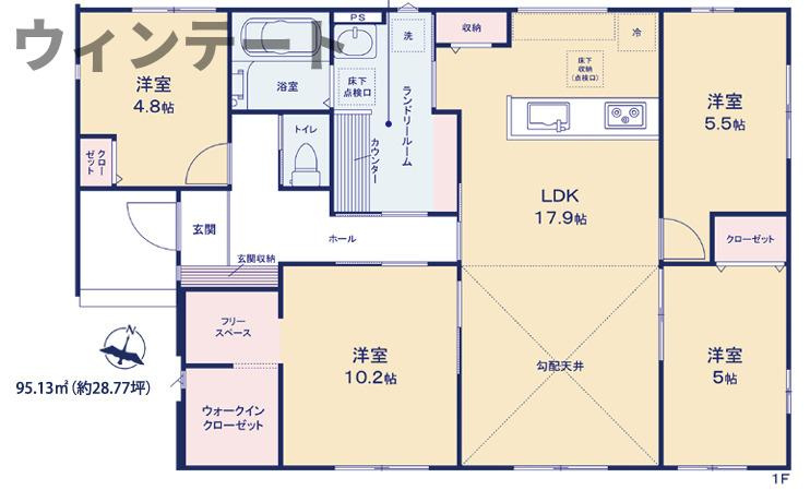 つくば市栗原1期　新築戸建の間取り|4LDK＋WIC付き間取り。広々17.9帖リビングで家族が自然と集まる空間設計です。
完成イメージです!!