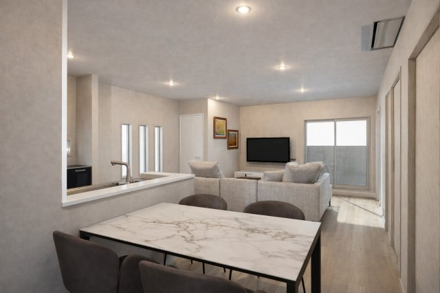 四ノ宮川原町の完成予想図|【LDKイメージパース】対面キッチンとなっている為、お料理中もリビングにいるお子様を見守れます！