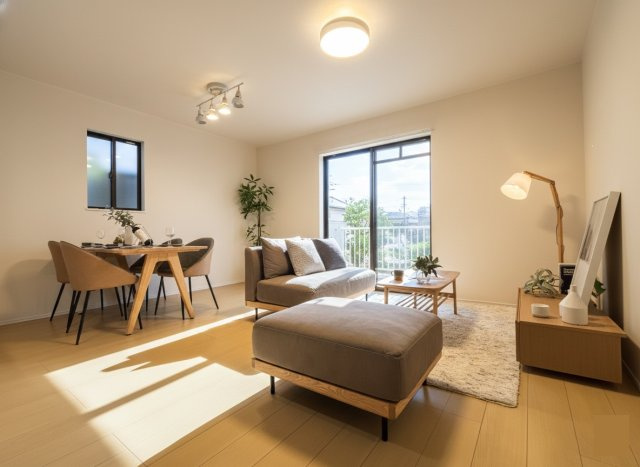 15.25帖の広々としたLDKは、家族が自然と集まる心地よい空間 。リビングイン階段を採用しており、外出時や帰宅時に必ず家族と顔を合わせられるため、お子様とのコミュニケーションも深まります 。