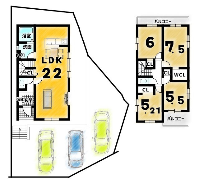 花園大藪町の間取り|【２２帖ＬＤＫ×駐車３台】２沿線利用可で通勤・通学も快適！収納豊富なおうち♪