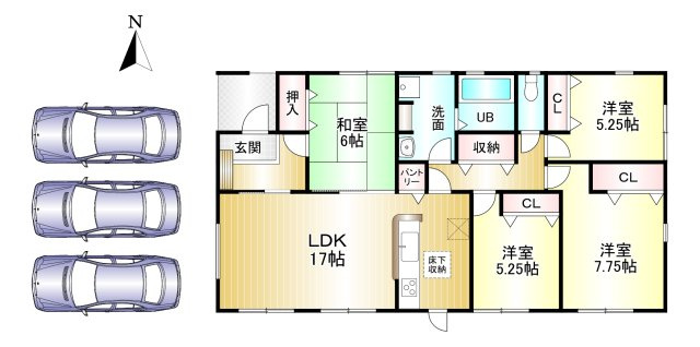 桜井市大豆越７期全５棟の間取り|4LDK　土地面積：255.48ｍ2　建物面積：96.05ｍ2　駐車3台可