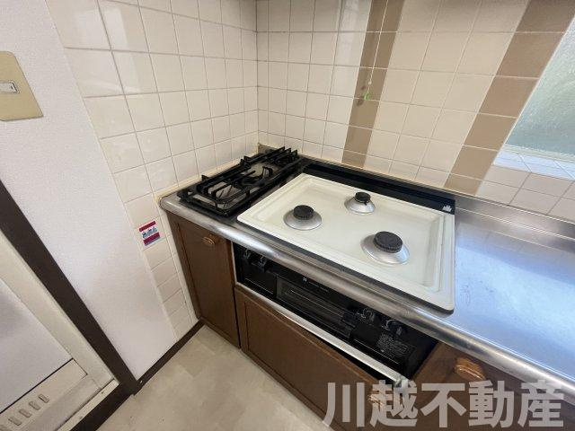 プライベートガーデンとテラスのある家のキッチン|ビルトインタイプの三ツ口ガスコンロ