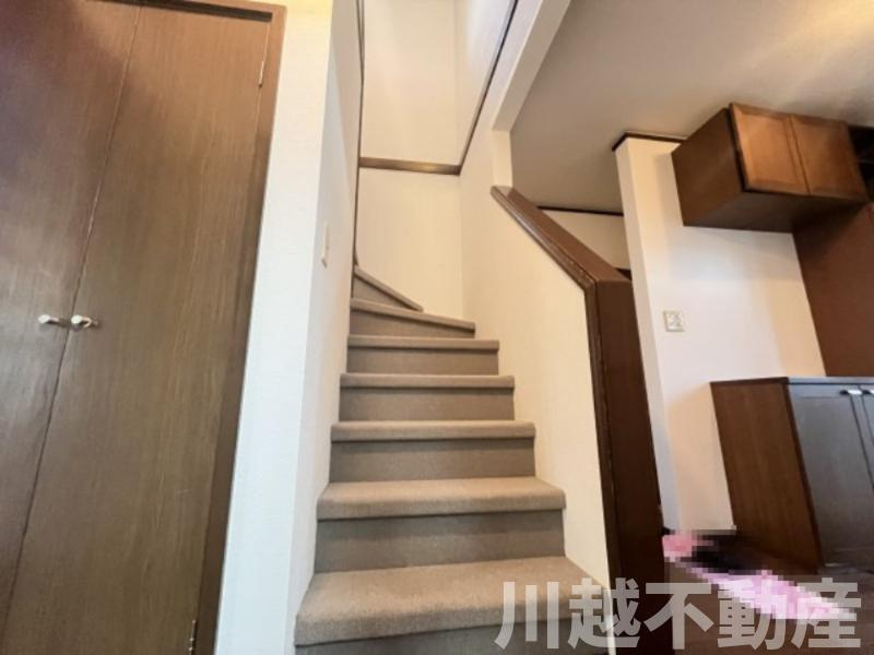 プライベートガーデンとテラスのある家の内装|2階にあがる階段室、踏面はじゅうたん仕上げ