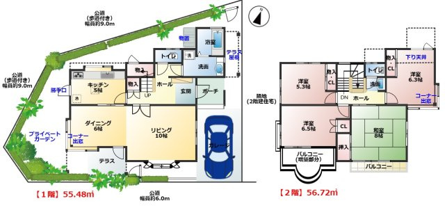 プライベートガーデンとテラスのある家の間取り|45坪の敷地に４LDKの間取り、ファミリー向け物件です